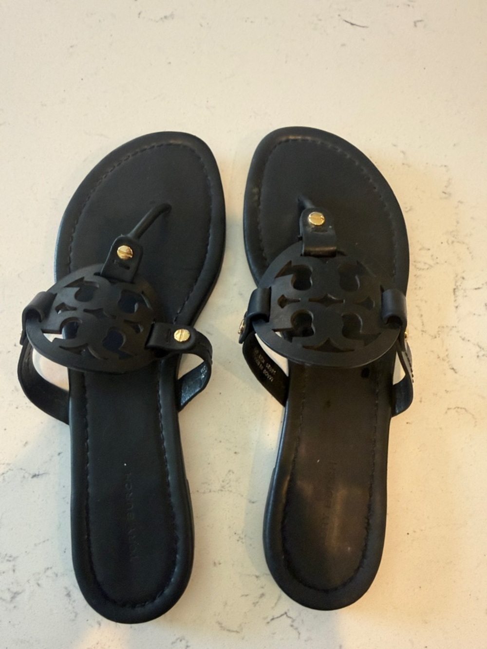 Tory Burch Black Leather Logo Thong Sandals